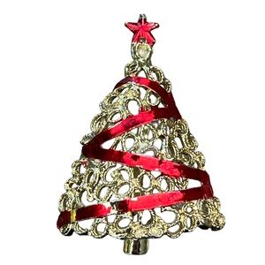 Vintage Gold Tone‎ & Red Enamel Ribbon  Accent Christmas Tree Pin Brooch